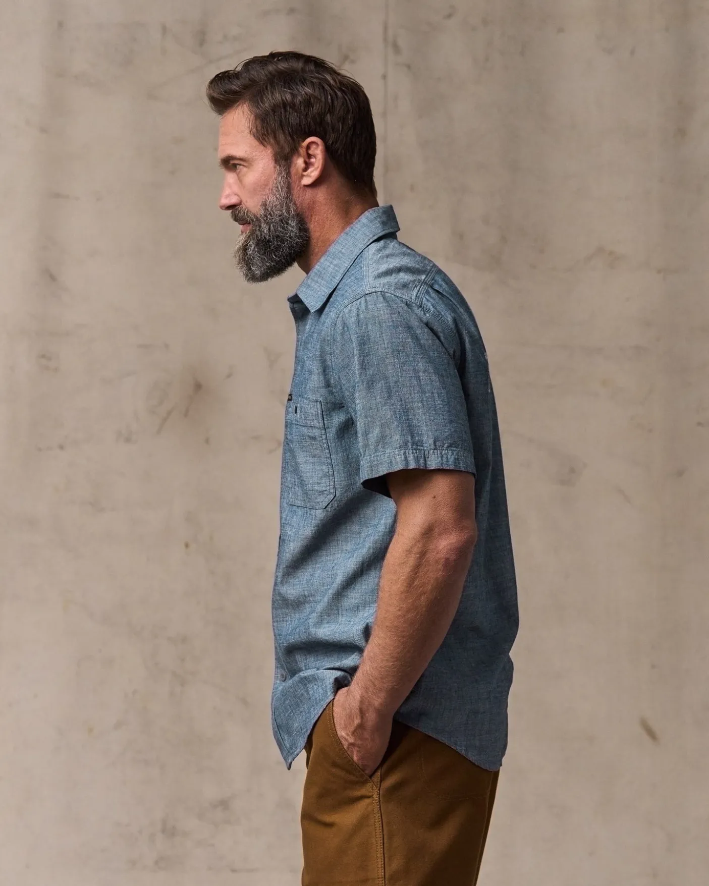 Short-sleeve Embroidered Chambray Shirt